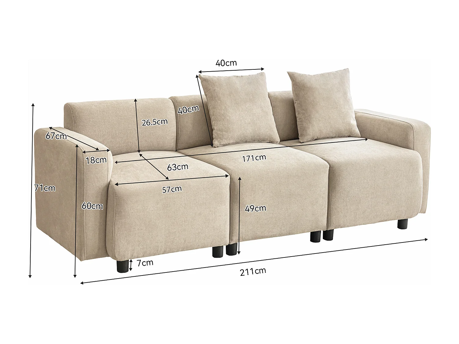 Canapé droit 3 places avec coussins - tissu chenille - meuble de salon - canapé moderne - beige