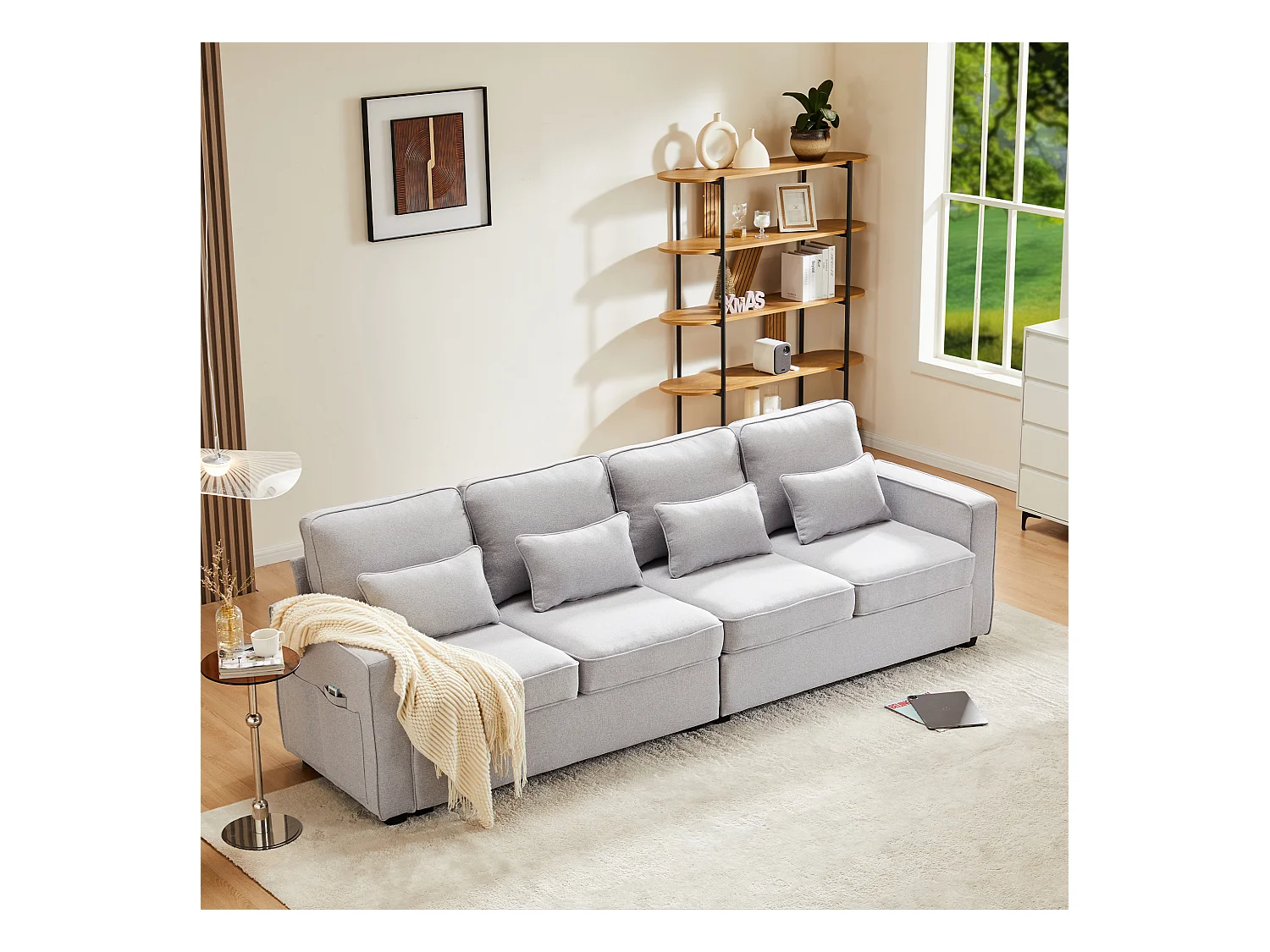 Canapé droit 4 places moderne avec accoudoirs et coussins - en tissu lin - meuble salon - gris