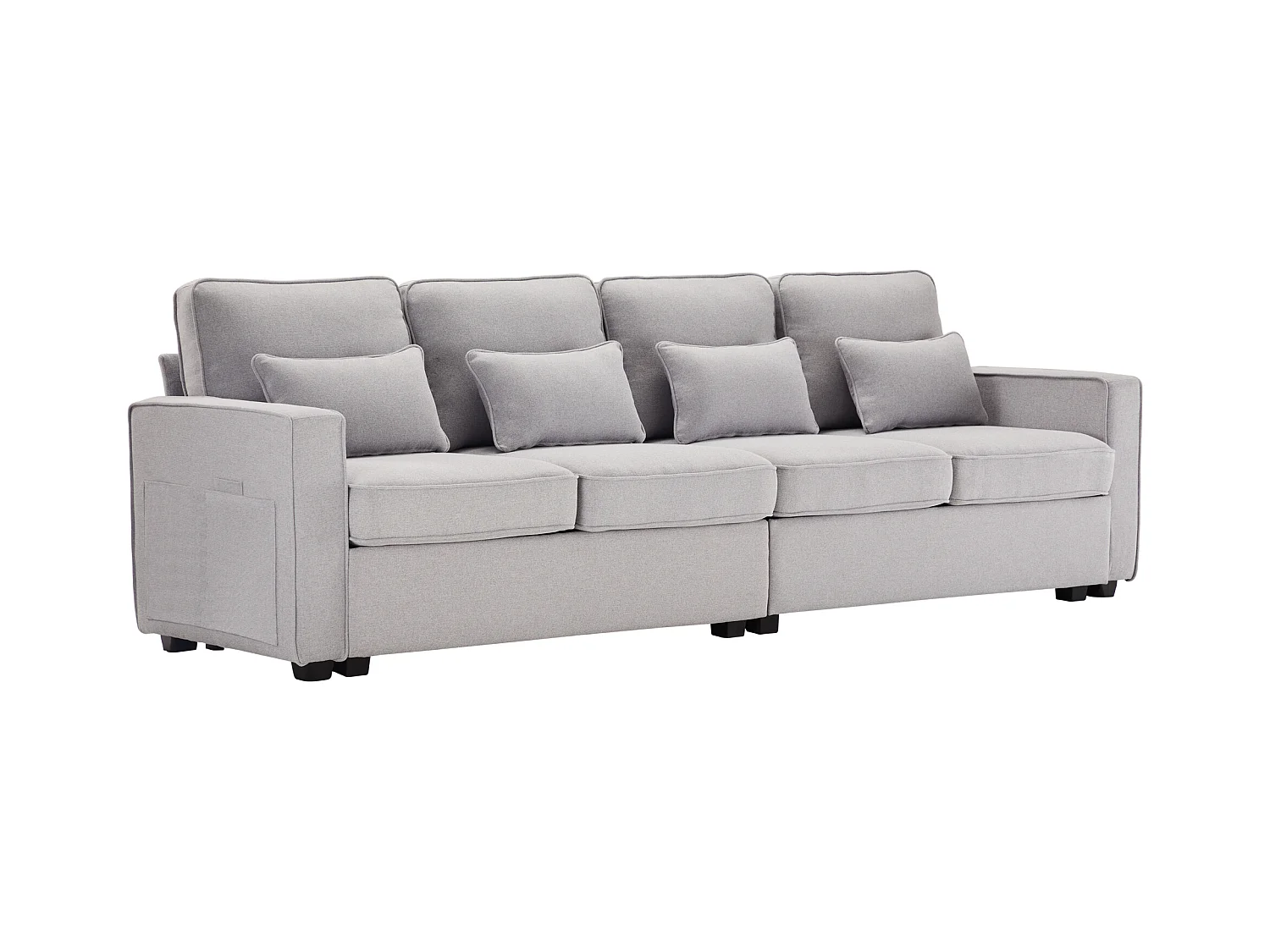 Canapé droit 4 places moderne avec accoudoirs et coussins - en tissu lin - meuble salon - gris