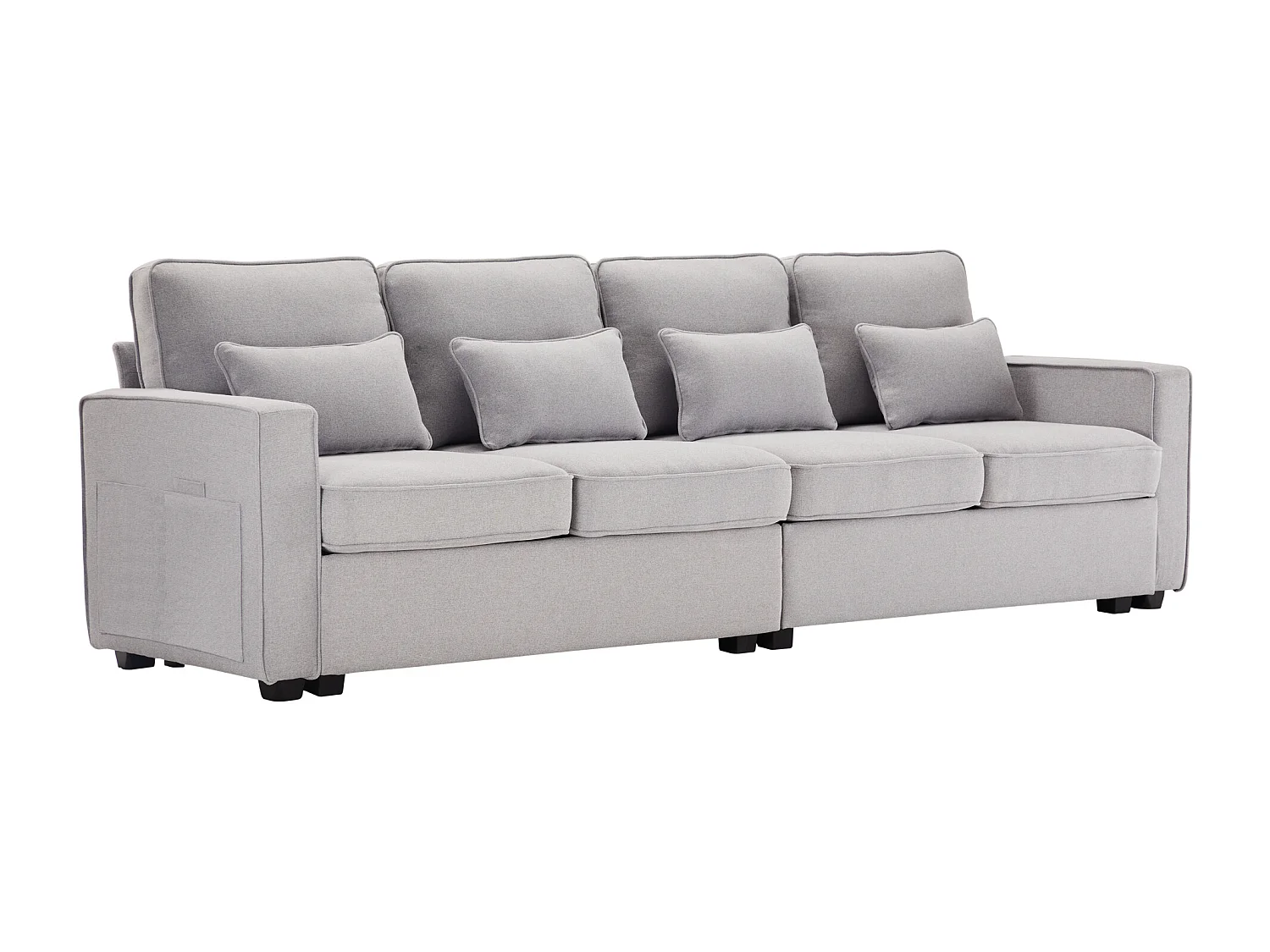 Canapé droit 4 places moderne avec accoudoirs et coussins - en tissu lin - meuble salon - gris