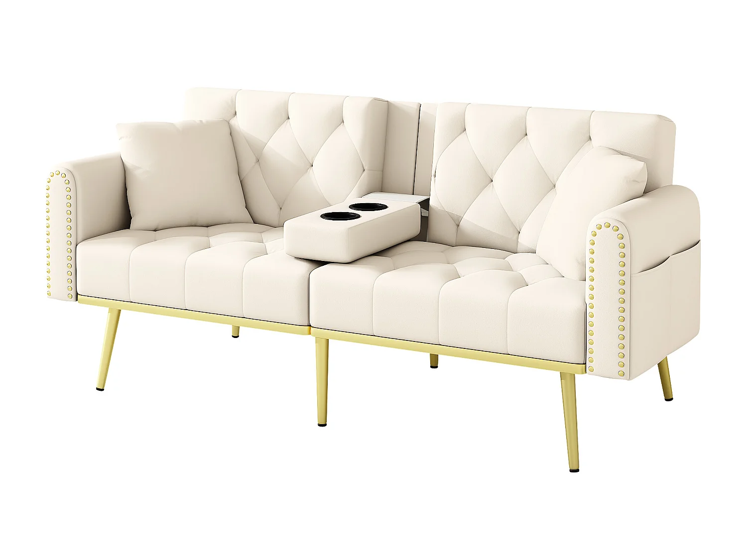 Sofá cama 175x80x73.5 cm, respaldo regulable 3 posiciones, portavasos plegable, terciopelo beige