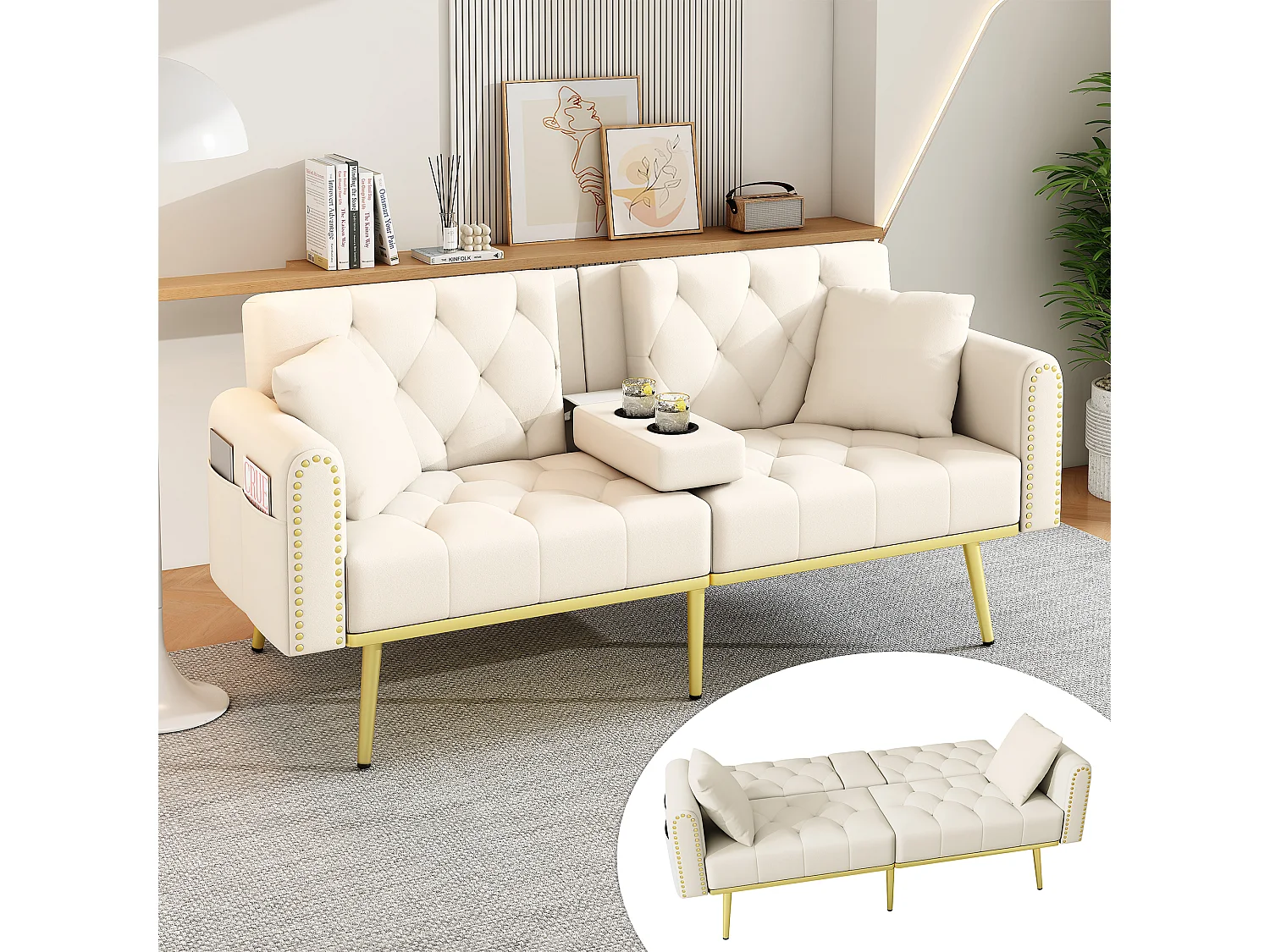 Sofá cama 175x80x73.5 cm, respaldo regulable 3 posiciones, portavasos plegable, terciopelo beige