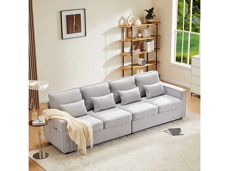 Canapé droit 4 places moderne avec accoudoirs et coussins - en tissu lin - meuble salon - gris