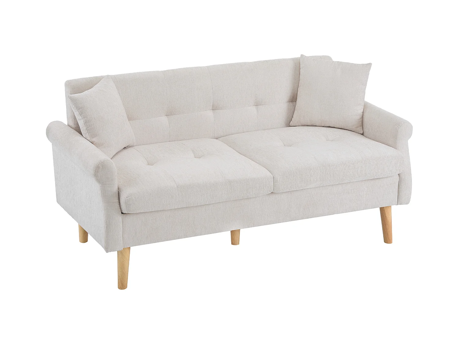 Canapé 2 places moderne en chenille - pieds en bois - design épuré avec coussins moelleux - beige