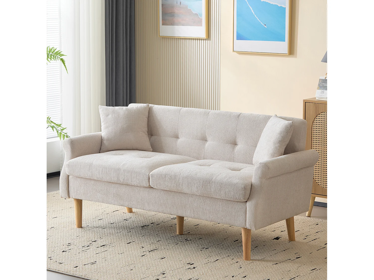 Canapé 2 places en tissu moelleux beige