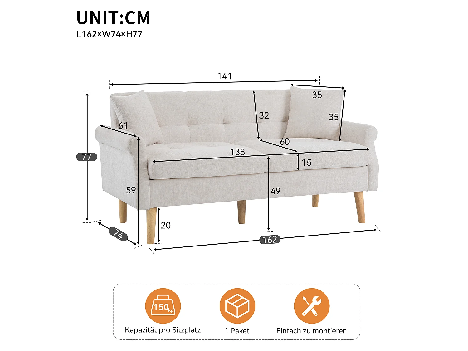 Canapé 2 places en tissu moelleux beige