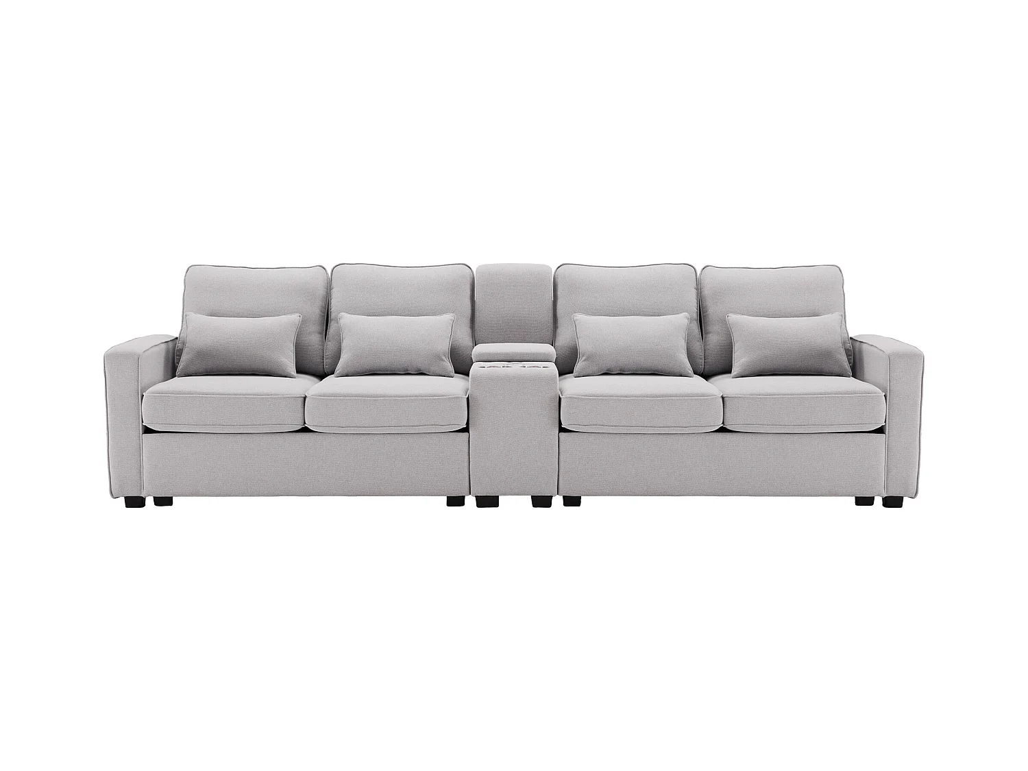 Canapé droit 4 places avec console - 2 porte-gobelets et USB - poches latérales et 4 oreillers - tissu lin - gris