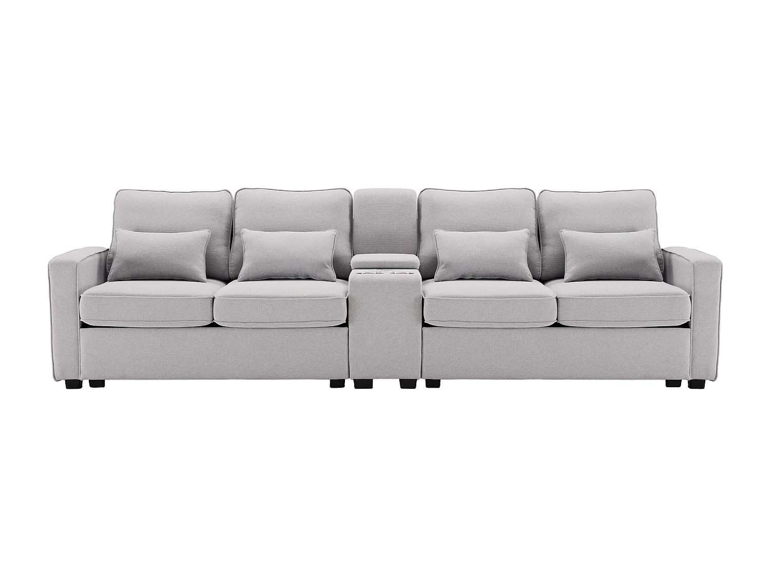 Canapé droit 4 places avec console - 2 porte-gobelets et USB - poches latérales et 4 oreillers - tissu lin - gris