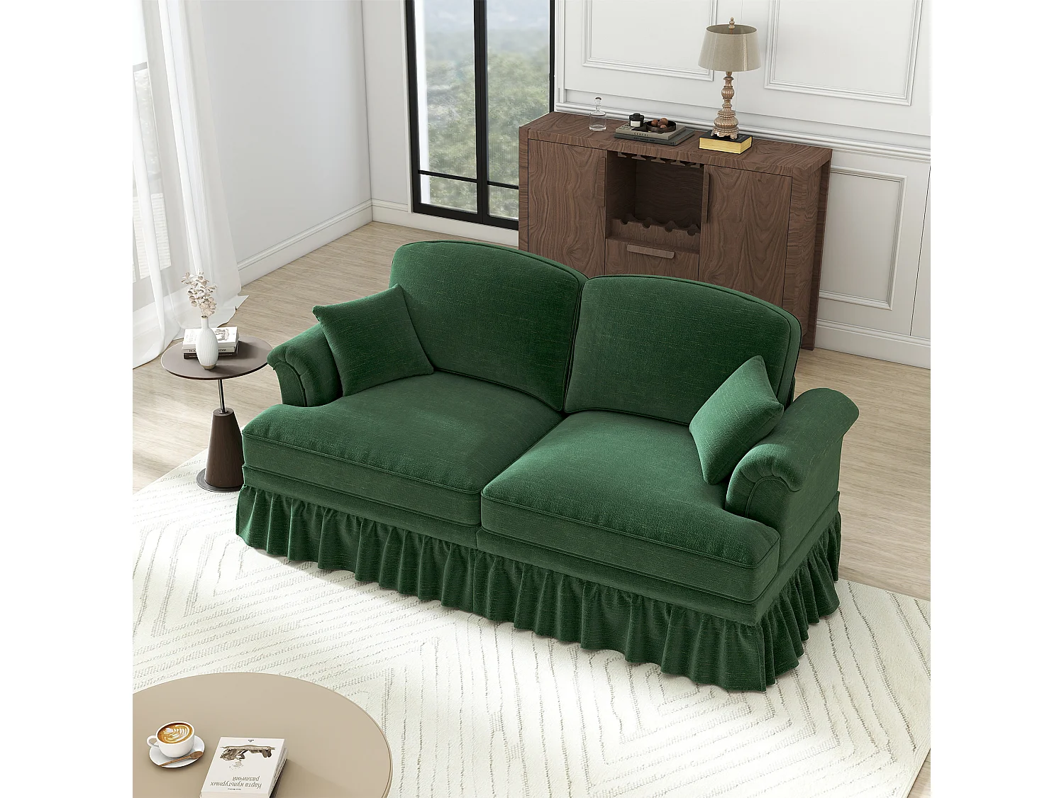 Canapé modulable en chenille vert, look 2 styles avec jupe amovible, coussin mobile, modules indépendants