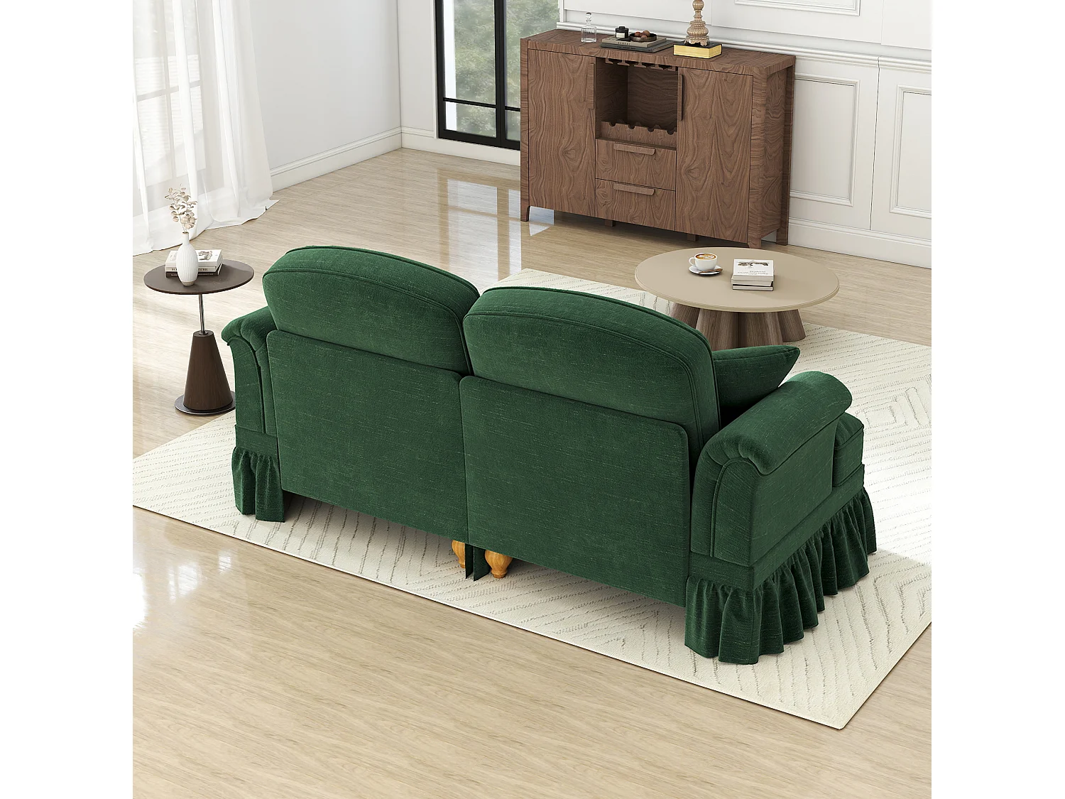 Canapé modulable en chenille vert, look 2 styles avec jupe amovible, coussin mobile, modules indépendants