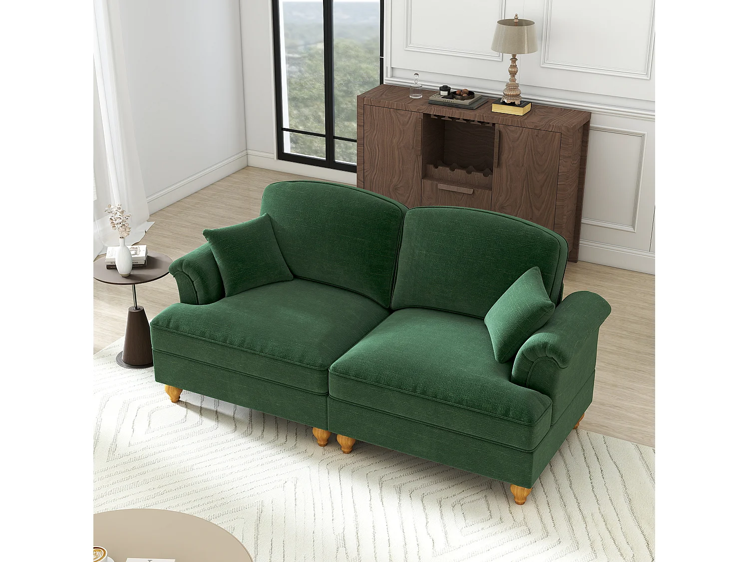 Canapé modulable en chenille vert, look 2 styles avec jupe amovible, coussin mobile, modules indépendants