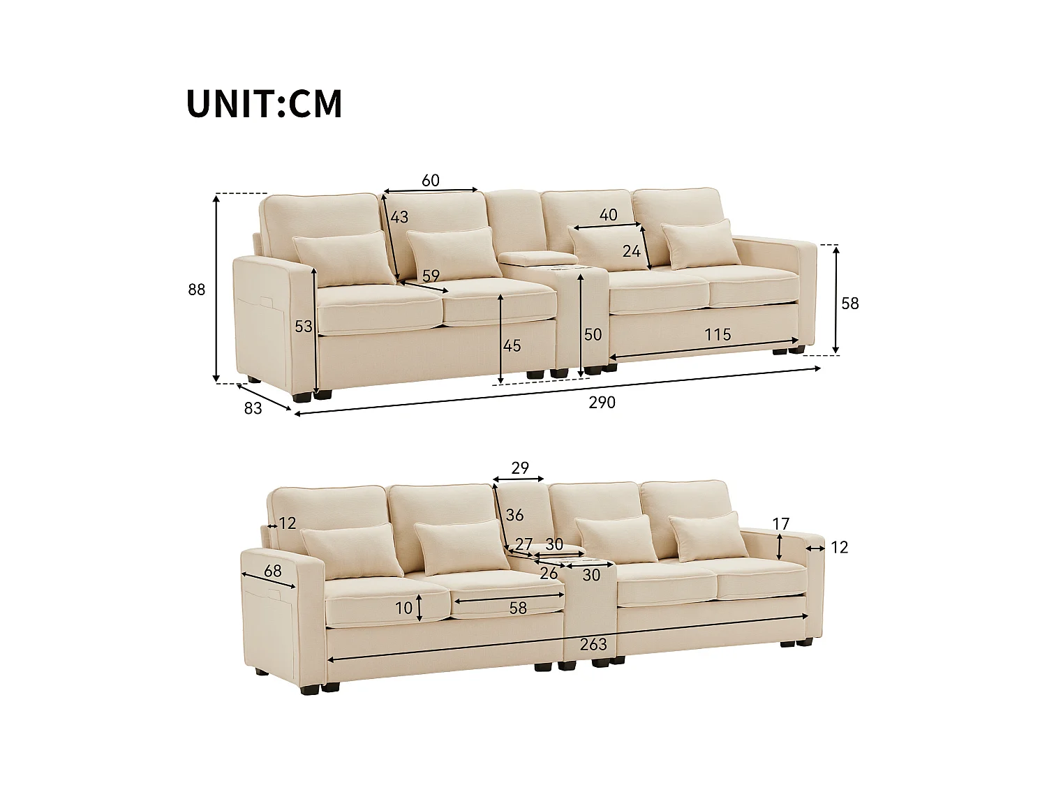 4-zits rechte bank met console - 2 bekerhouders en USB - zijvakken en 4 kussens - linnen stof (beige)