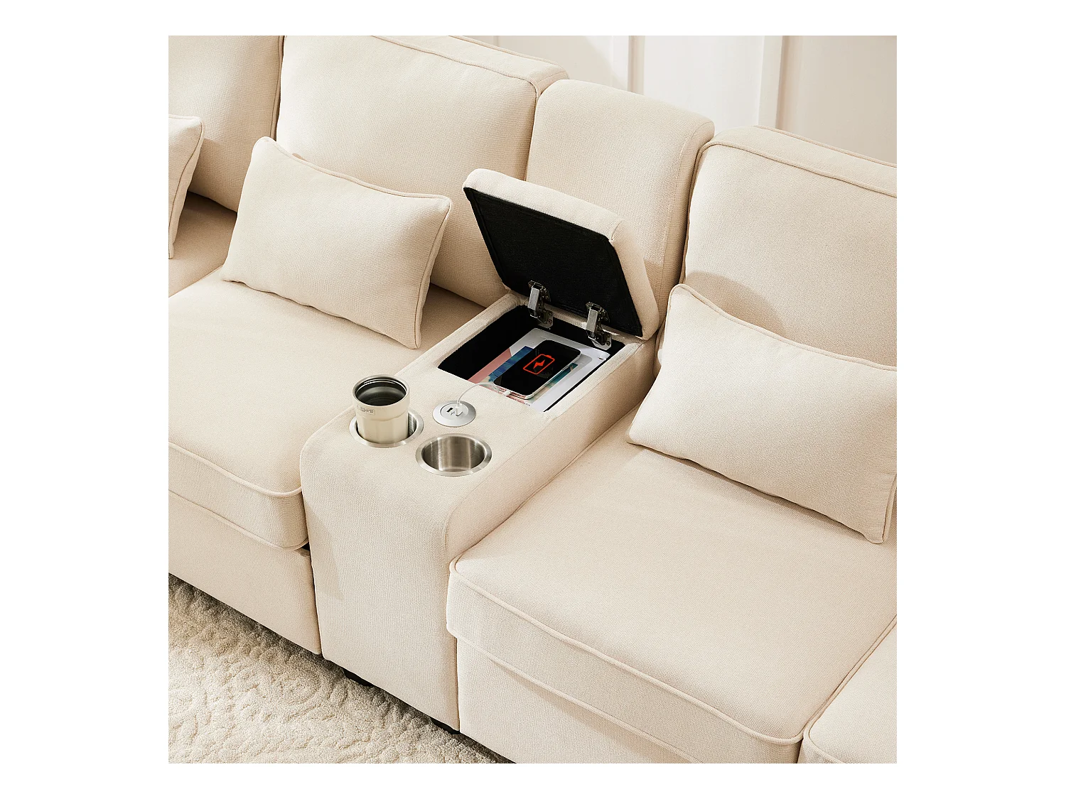 4-zits rechte bank met console - 2 bekerhouders en USB - zijvakken en 4 kussens - linnen stof (beige)