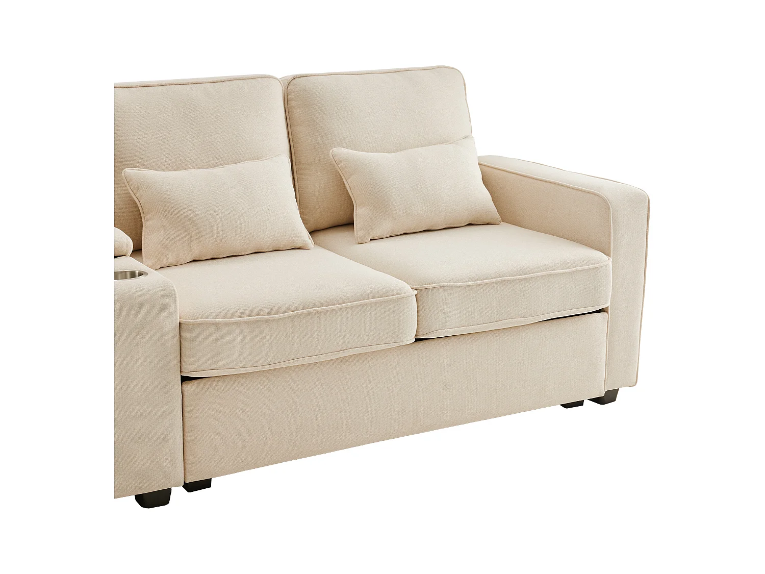 4-zits rechte bank met console - 2 bekerhouders en USB - zijvakken en 4 kussens - linnen stof (beige)