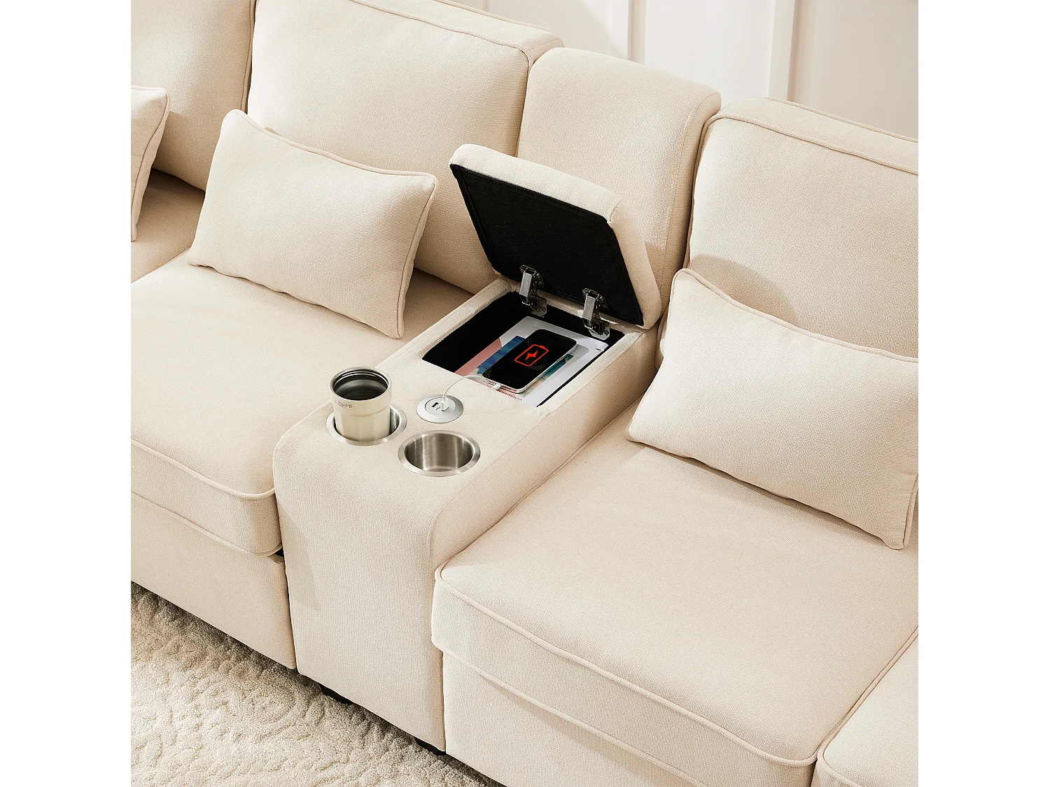 Canapé droit 4 places avec console - 2 porte-gobelets et USB - poches latérales et 4 oreillers - tissu lin - beige