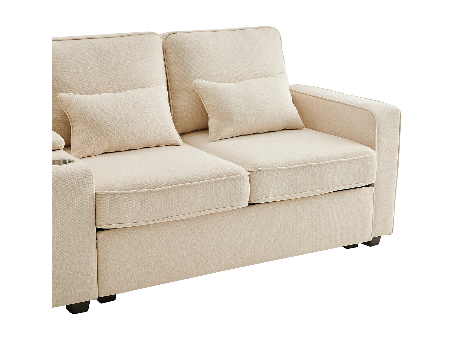 Canapé droit 4 places avec console - 2 porte-gobelets et USB - poches latérales et 4 oreillers - tissu lin - beige