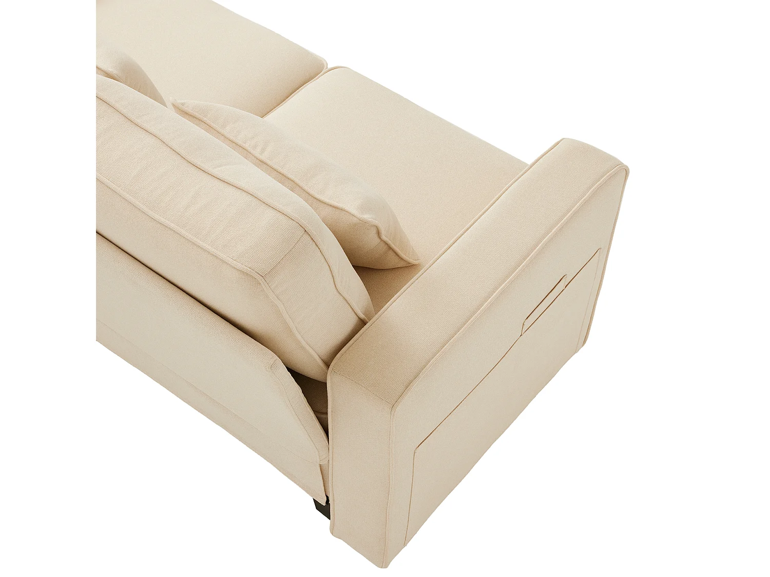 Canapé droit 4 places avec console - 2 porte-gobelets et USB - poches latérales et 4 oreillers - tissu lin - beige