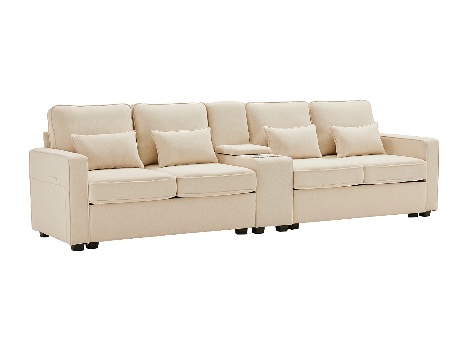 Canapé 4 places 290x83x88 cm, console avec 2 porte gobelets et 2 ports USB, poches d'accoudoirs, tissu en lin beige