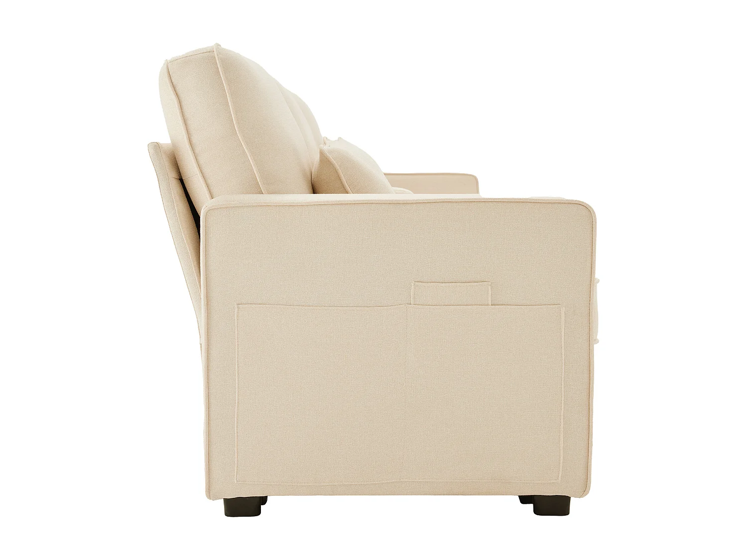 Canapé 4 places 290x83x88 cm, console avec 2 porte gobelets et 2 ports USB, poches d'accoudoirs, tissu en lin beige