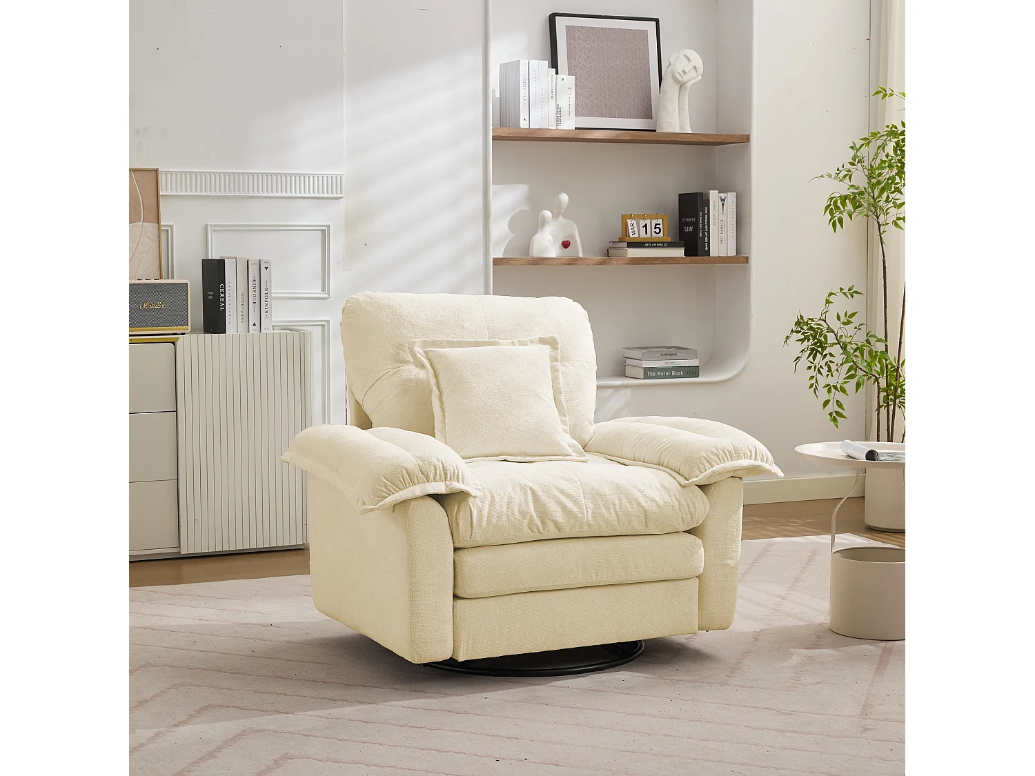 Draaifauteuil 360°, soepele rotatie, ondersteuningskussen, dubbellaagse zitting, gevuld, beige