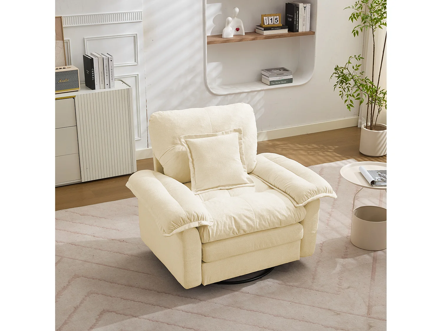 Draaifauteuil 360°, soepele rotatie, ondersteuningskussen, dubbellaagse zitting, gevuld, beige
