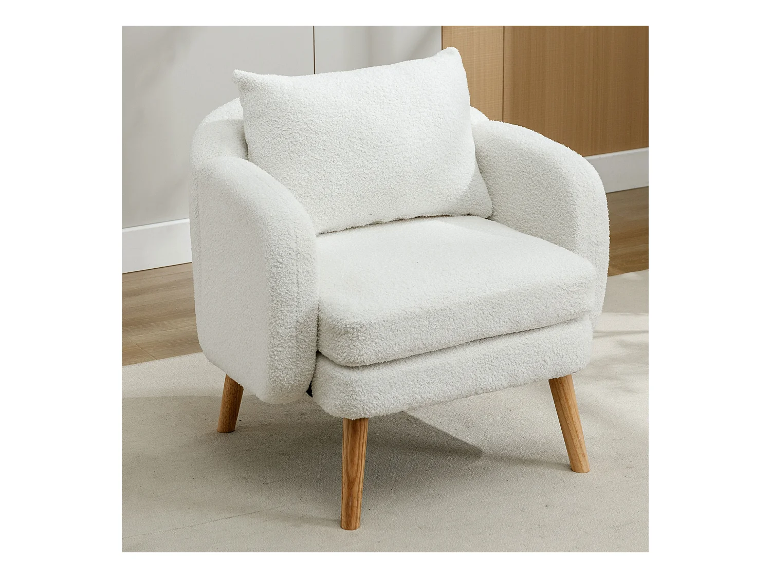 Fauteuil rembourré en velours teddy - chaise individuelle avec pieds en bois - coussin épais - blanc