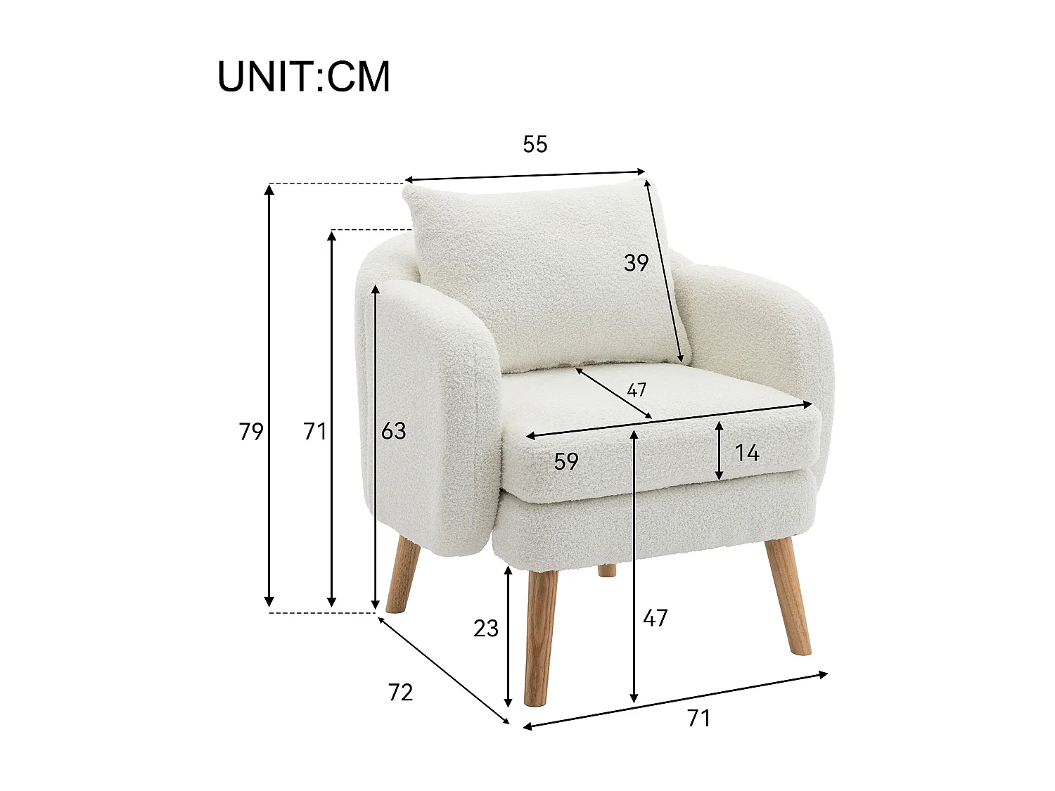 Chaise à mangeren velours teddy - chaise individuelle avec pieds en bois - coussin épais - blanc