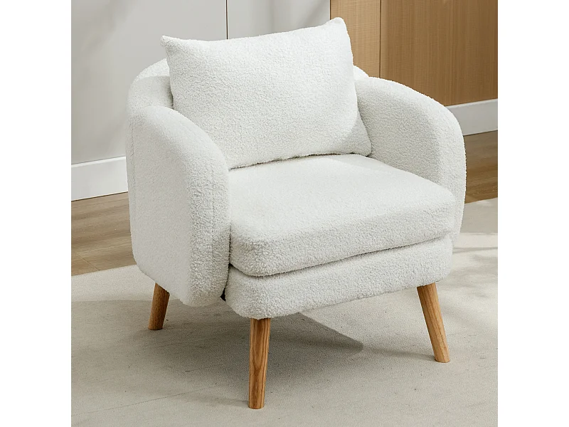 Fauteuil en velours teddy - chaise individuelle avec pieds en bois - coussin épais - blanc