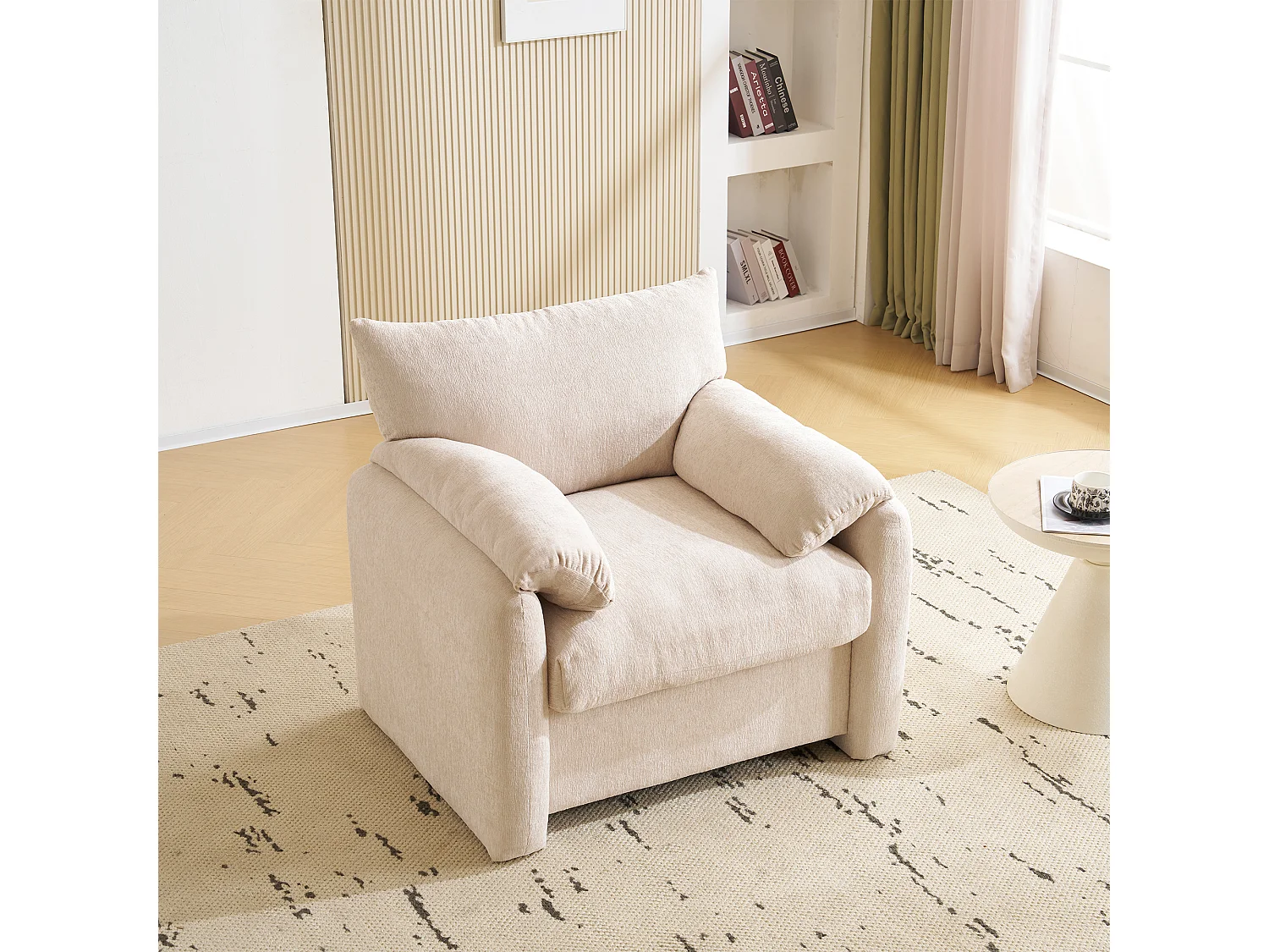 Fauteuil 96x82x84 cm, assise extra large, coussins daccoudoirs, tissu chenille, beige