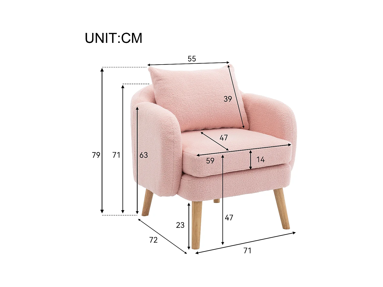 Chaise à mangeren en velours teddy - chaise individuelle avec pieds en bois - coussin épais - rose