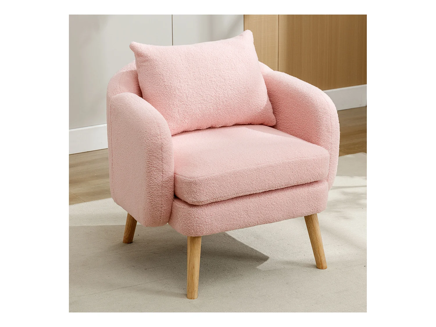 Fauteuil rembourré en velours teddy - chaise individuelle avec pieds en bois - coussin épais - rose