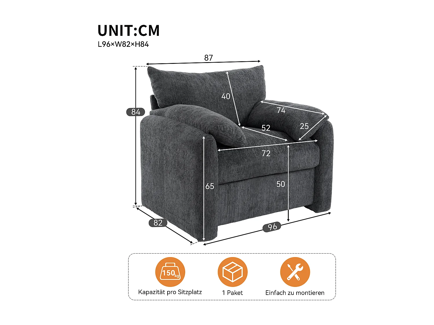 Fauteuil en chenille - canapé rembourré - siège de détente pour salon et chambre - gris