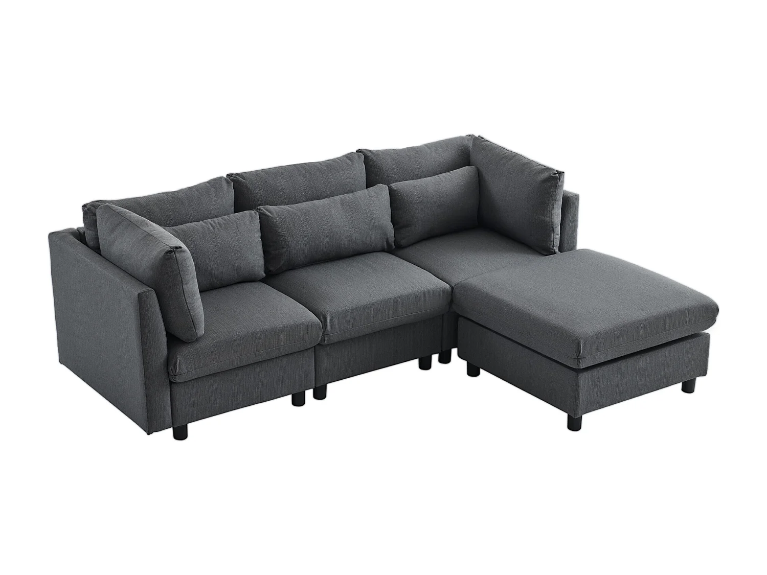 Canapé d'angle 220x83x81 cm avec pouf 74x74x45 cm, dossier haut, coussins inclus, lin gris