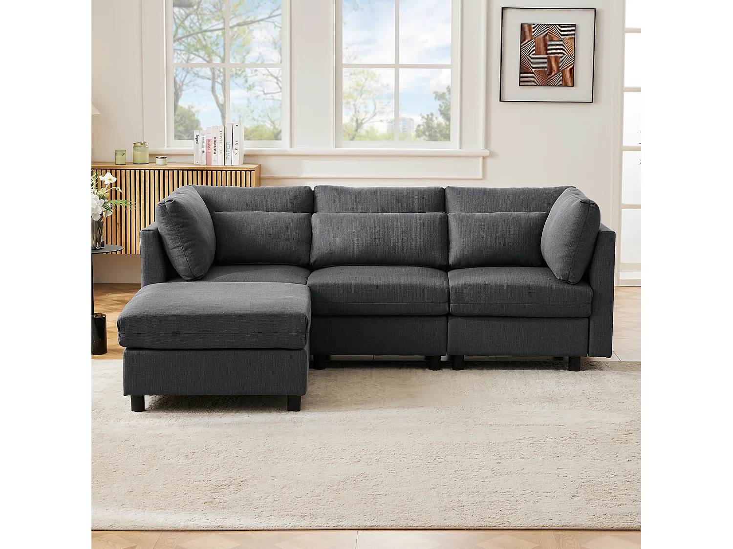 Canapé d'angle 220x83x81 cm avec pouf 74x74x45 cm, dossier haut, coussins inclus, lin gris