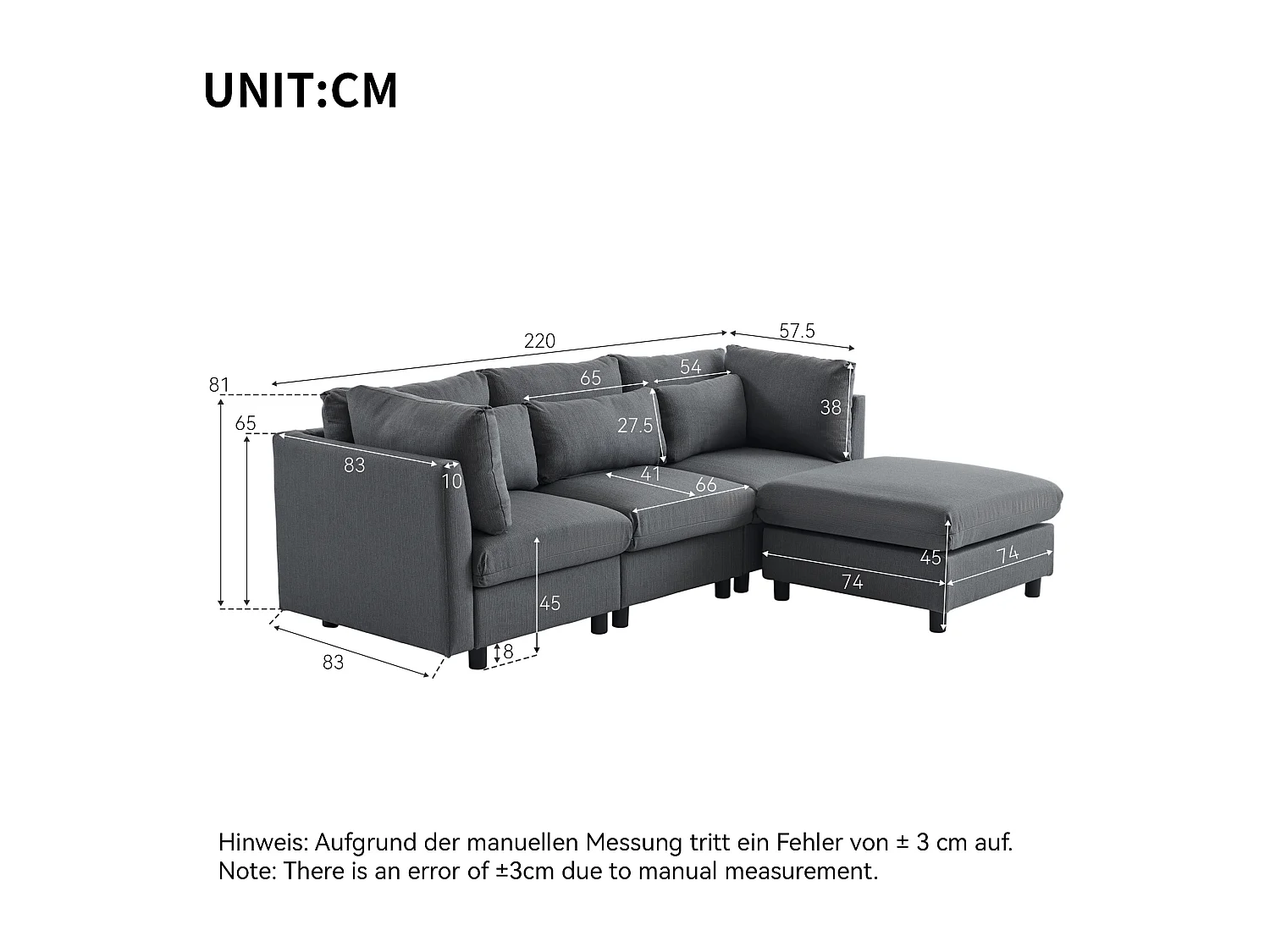 Canapé d'angle 220x83x81 cm avec pouf 74x74x45 cm, dossier haut, coussins inclus, lin gris