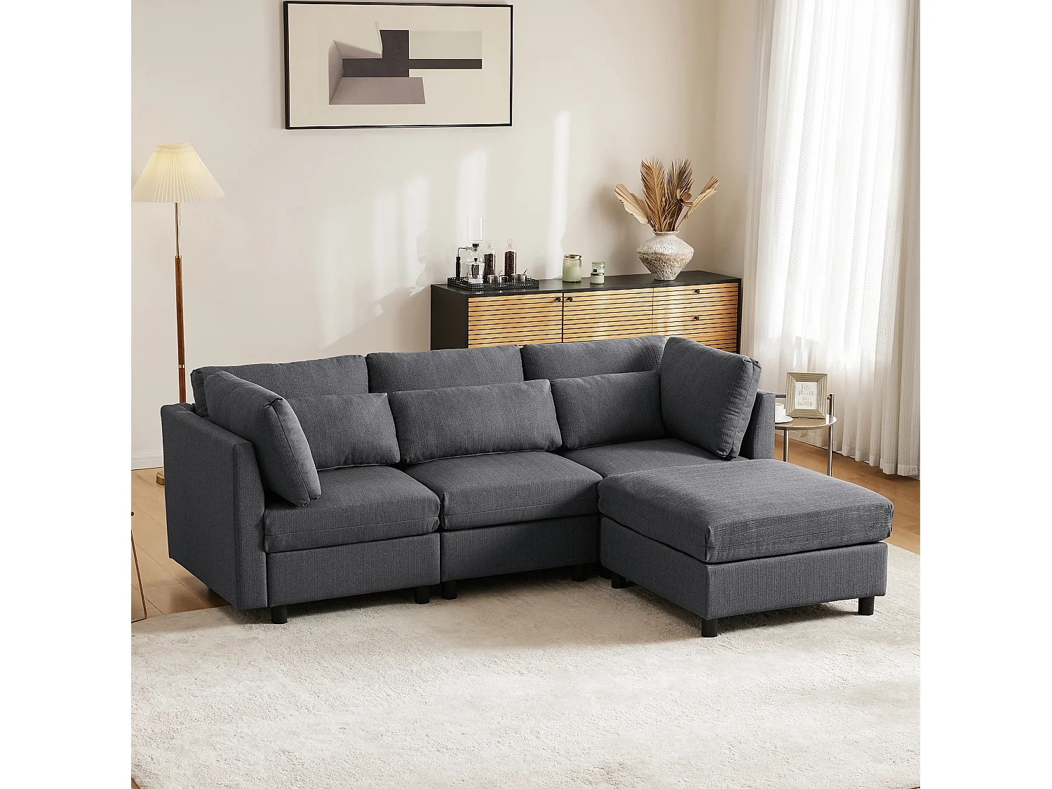 Canapé d'angle 220x83x81 cm avec pouf 74x74x45 cm, dossier haut, coussins inclus, lin gris
