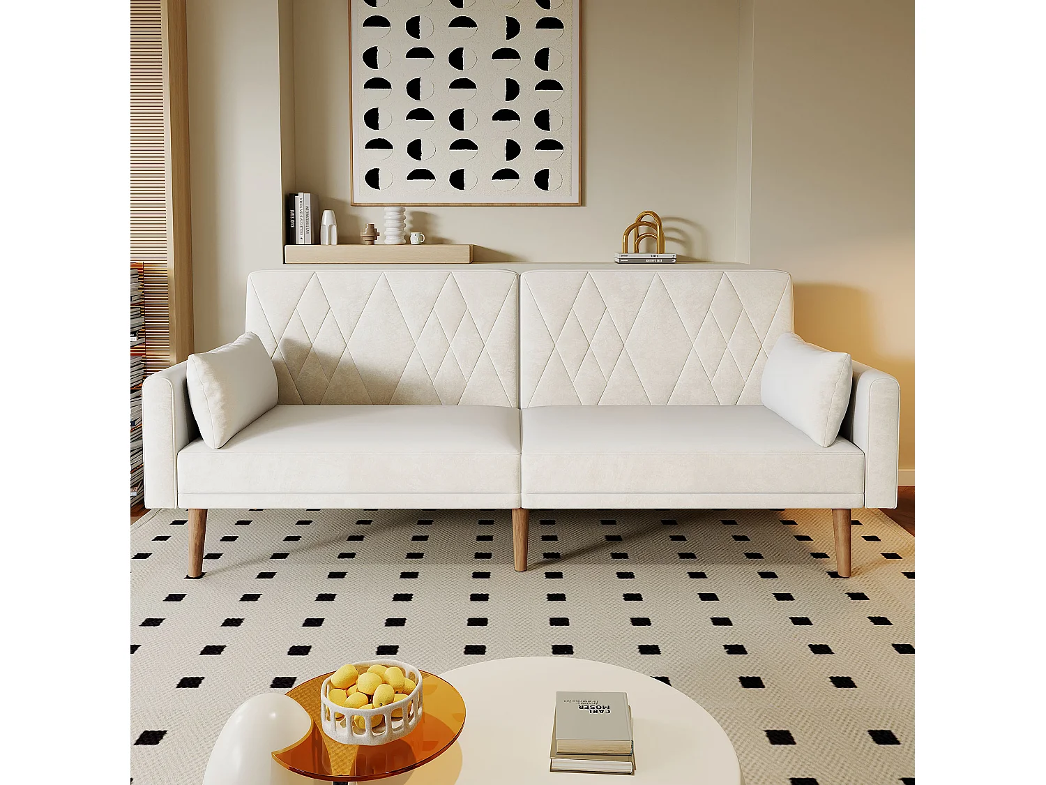 Sofá cama de terciopelo de 2 plazas - respaldo regulable con cojines suaves - patas de madera - beige