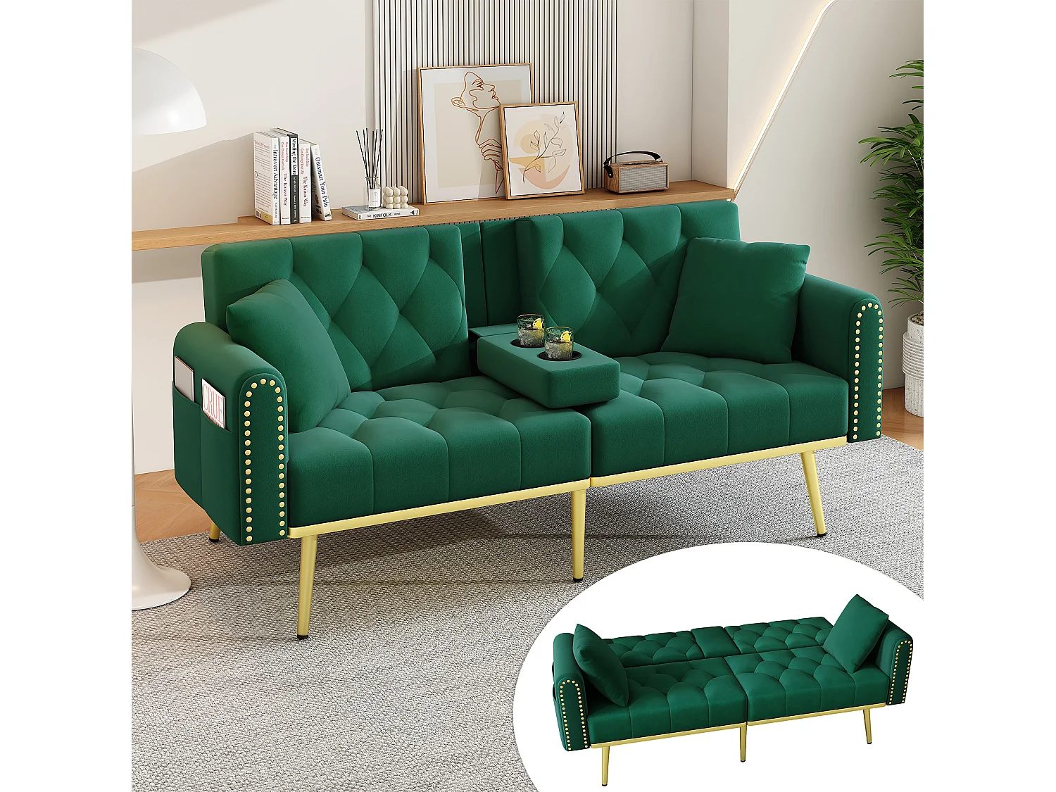 Slaapbank modern verstelbare rugleuning 3 standen fluweel metalen pootjes goud Groen (Zonder matras)