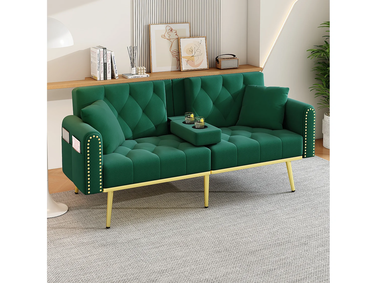 Slaapbank modern verstelbare rugleuning 3 standen fluweel metalen pootjes goud Groen (Zonder matras)