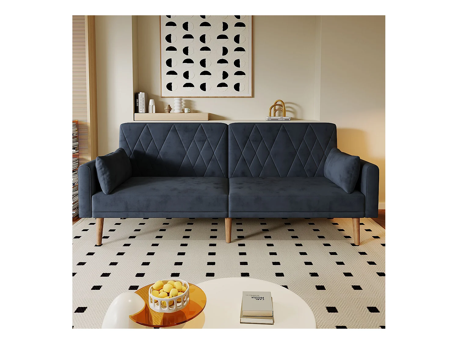 Canapé convertible 2 places en velours - dossier réglable avec coussins moelleux - pieds en bois - gris foncé