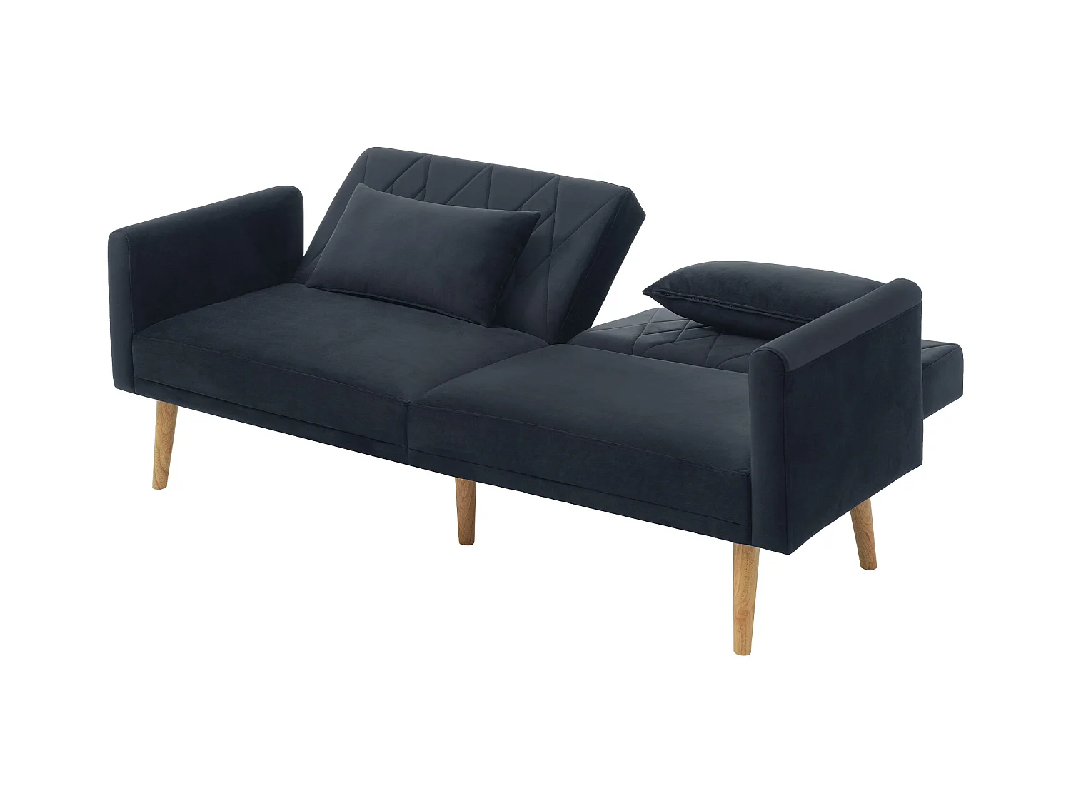 Canapé convertible 2 places en velours - dossier réglable avec coussins moelleux - pieds en bois - gris foncé