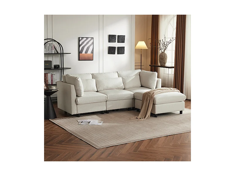 Canapé d'angle 3 places avec repose-pieds - tissu lin - meuble salon - canapé moderne-beige