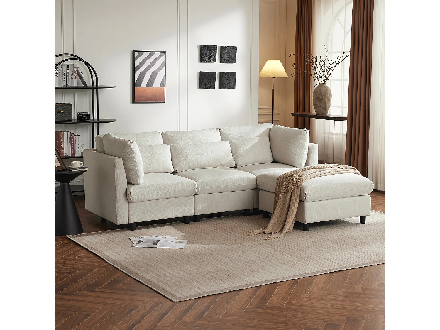 Canapé d'angle 3 places avec repose-pieds - tissu lin - meuble salon - canapé moderne-beige