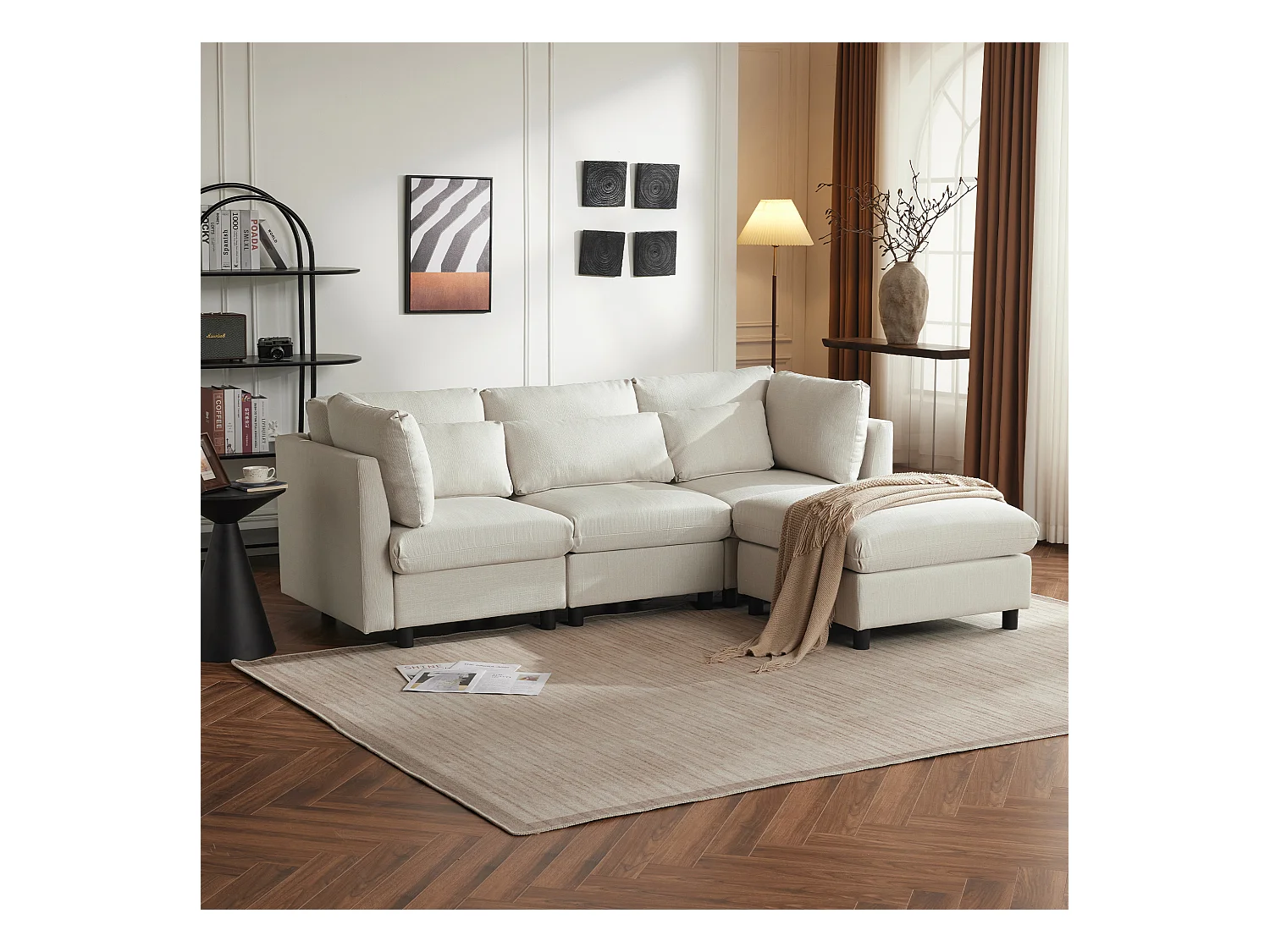Canapé d'angle 3 places avec repose-pieds - tissu lin - meuble salon - canapé moderne en beige