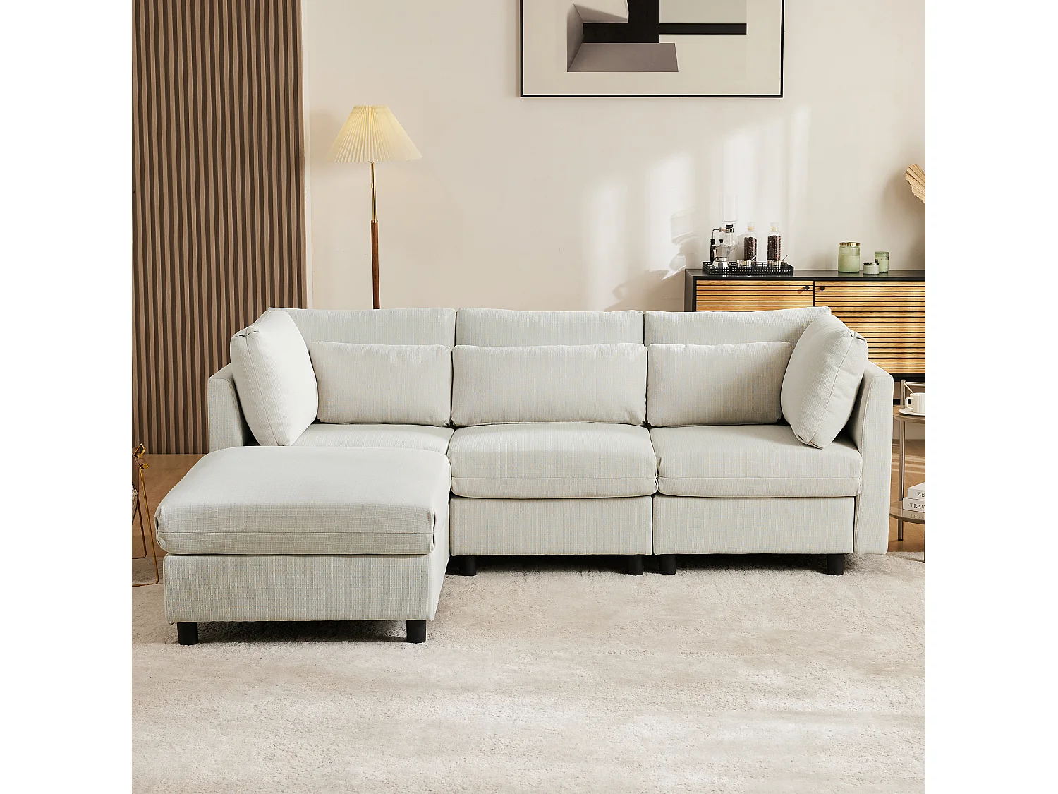 Canapé d'angle 3 places avec repose-pieds - tissu lin - meuble salon - canapé moderne-beige