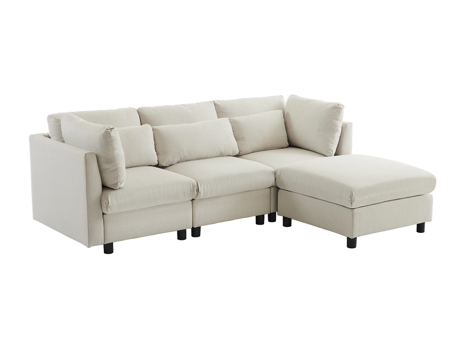 Canapé d'angle 220x83x81 cm, avec pouf mobile, dossier haut, coussins lombaires, lin beige