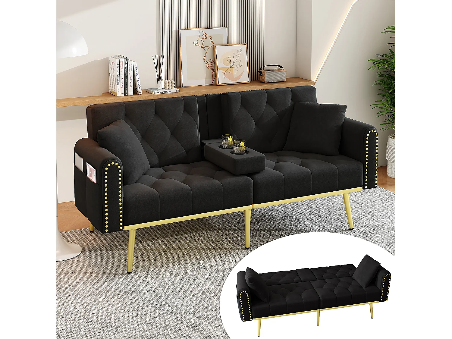 Canapé convertible élégant polyvalent assise haute densité mousse velours noir montage facile 2 colis (Sans matelas)