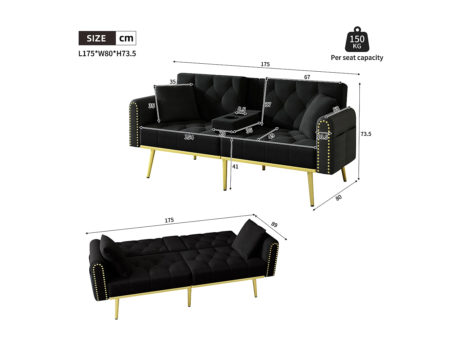 Canapé convertible élégant polyvalent assise haute densité mousse velours noir montage facile 2 colis (Sans matelas)