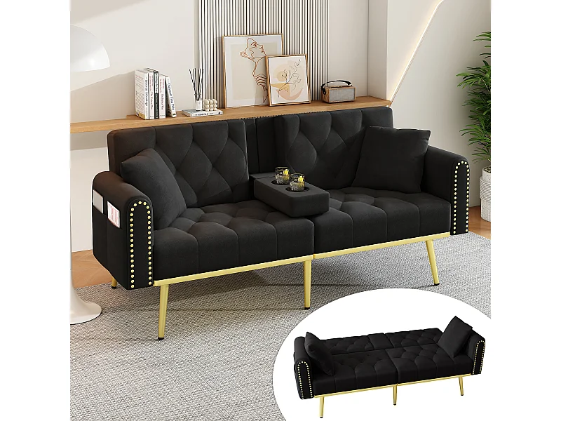 Canapé convertible élégant polyvalent assise haute densité mousse velours noir montage facile 2 colis (Sans matelas)