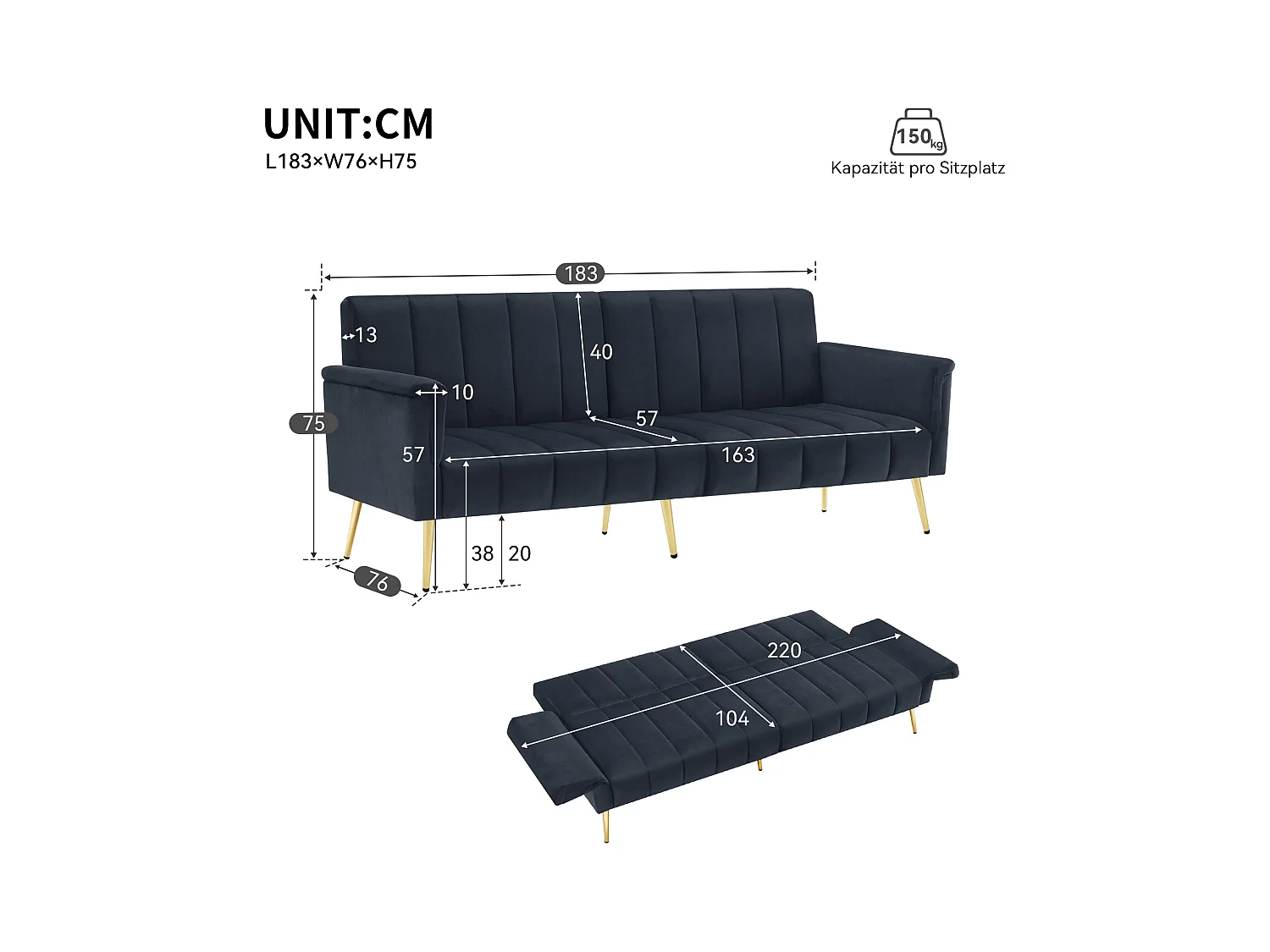 Canapé-lit pliable avec fonction couchage en velours - pieds en métal - pour salon, chambre - gris foncé